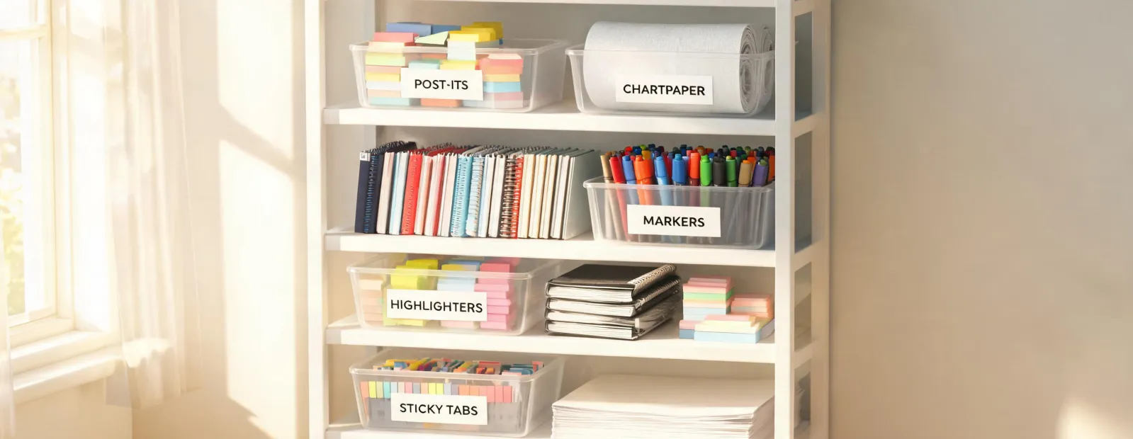 Organized classroom supply shelf