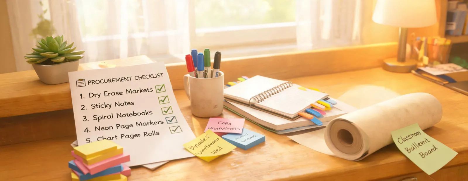 Teacher planning table with notes and chart paper