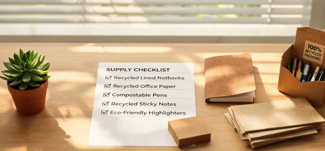 Paper notes and classroom supplies with responsible sourcing documents